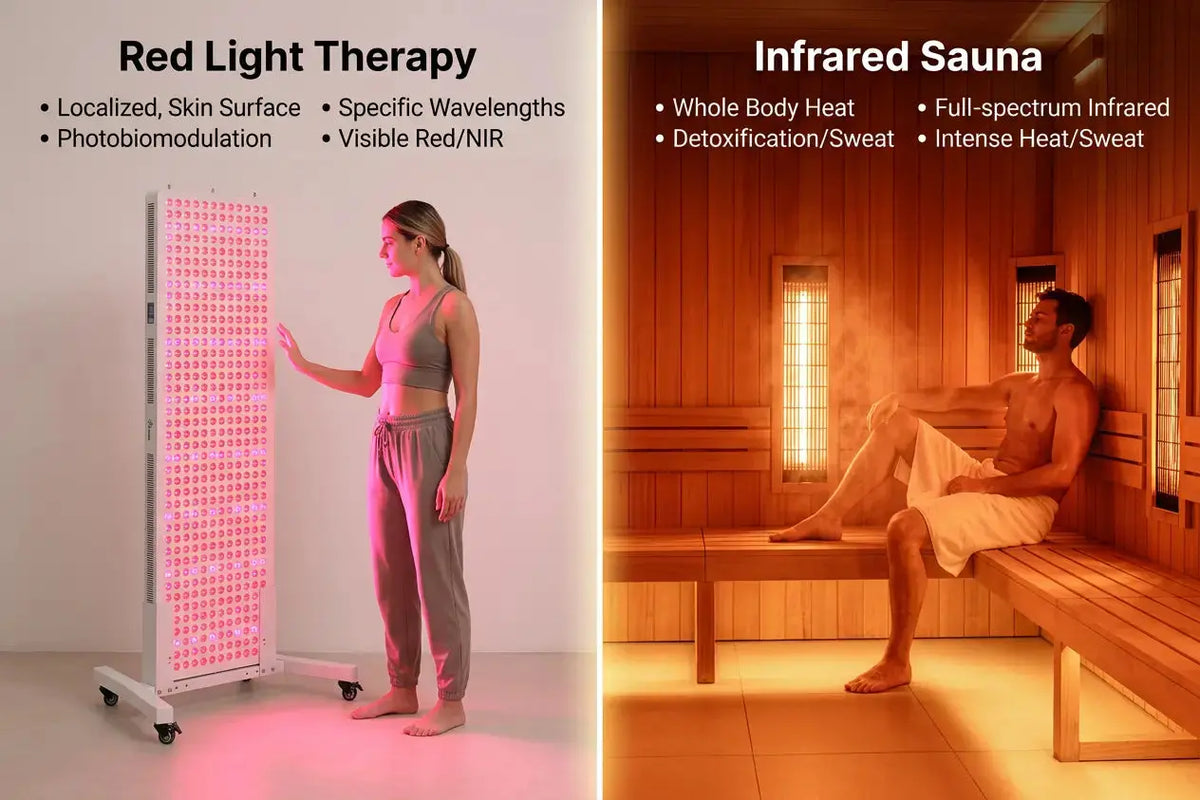 Red light therapy panel and infrared sauna compared side by side